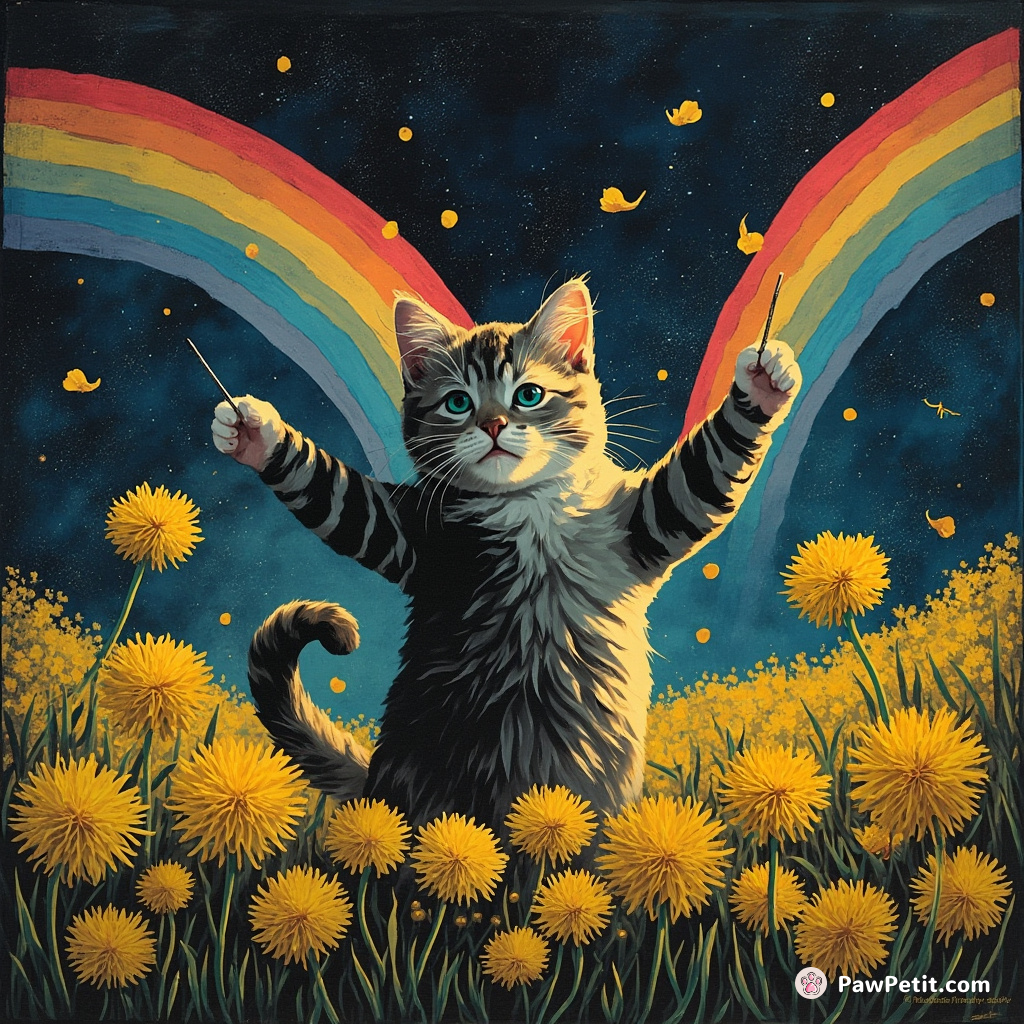 Cat conducting a symphony orchestra of dandelions under a neon rainbowsky.