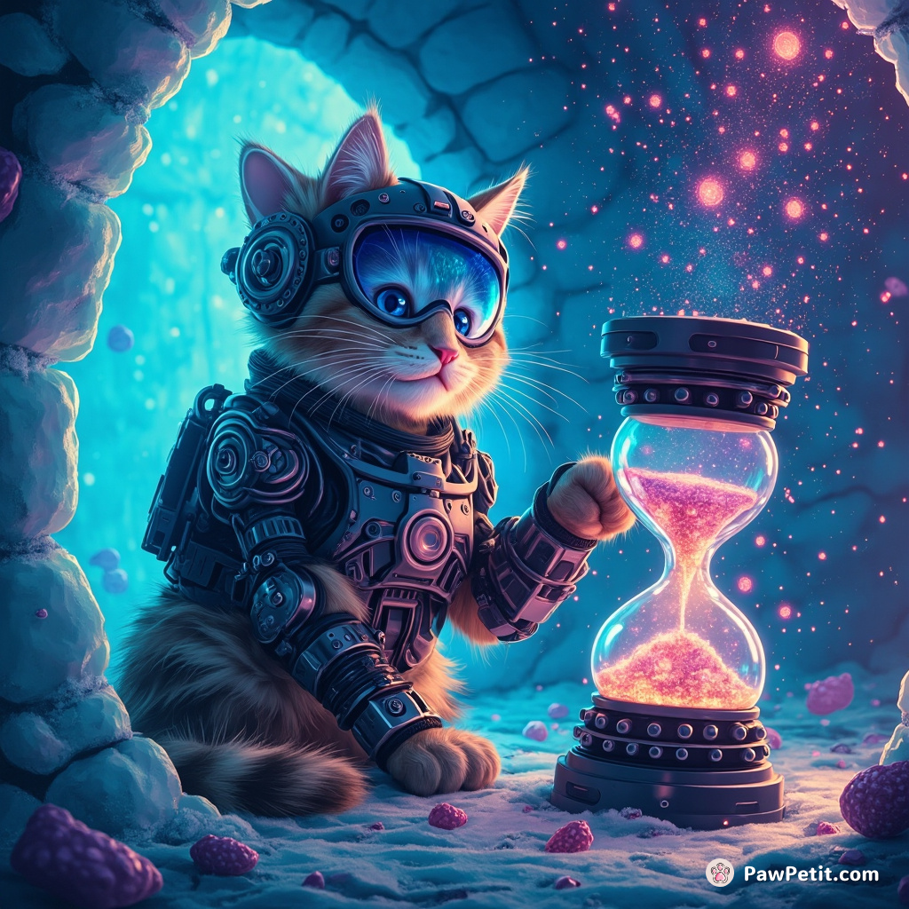 Cyborg cat repairing a galaxy-projecting hourglass in a neon igloo underwater.