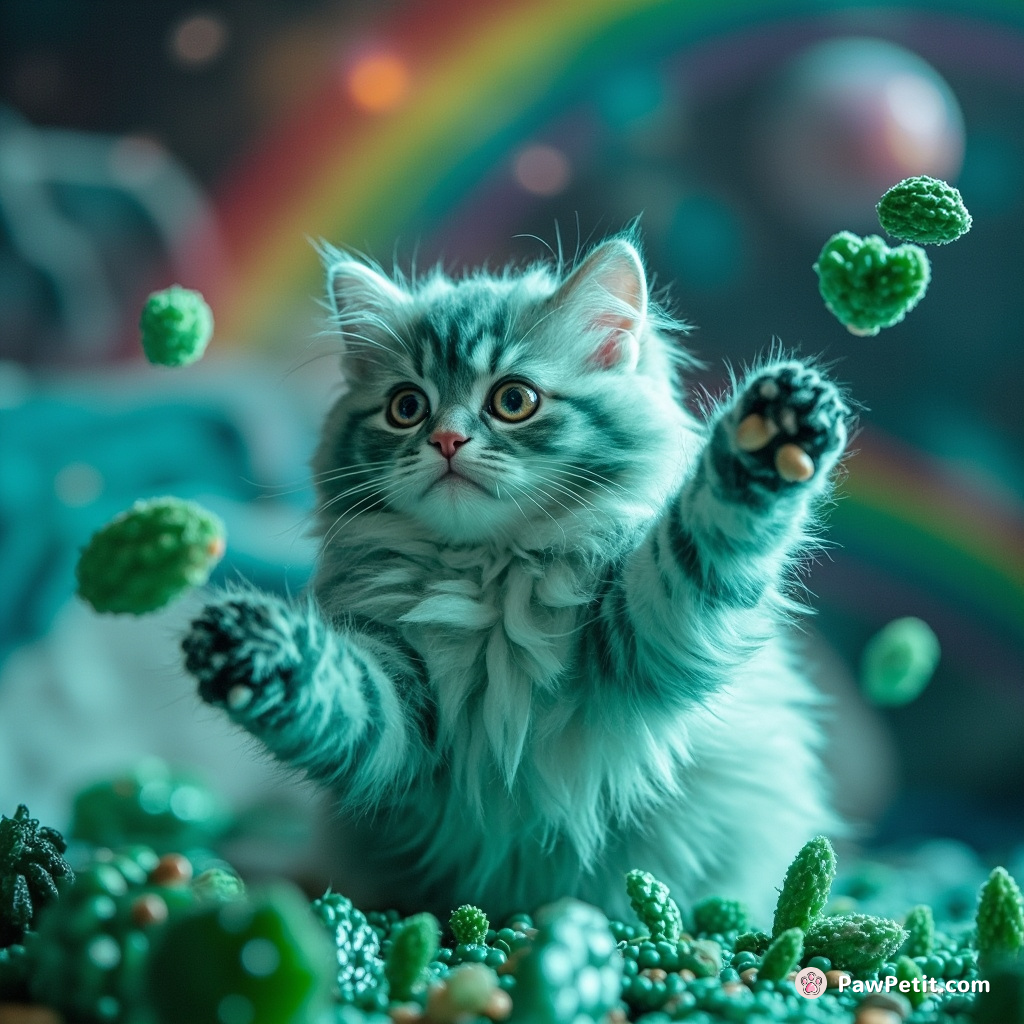 A turquoise cat juggling emerald cacti under a gelatinous rainbow in zero-gravity space.