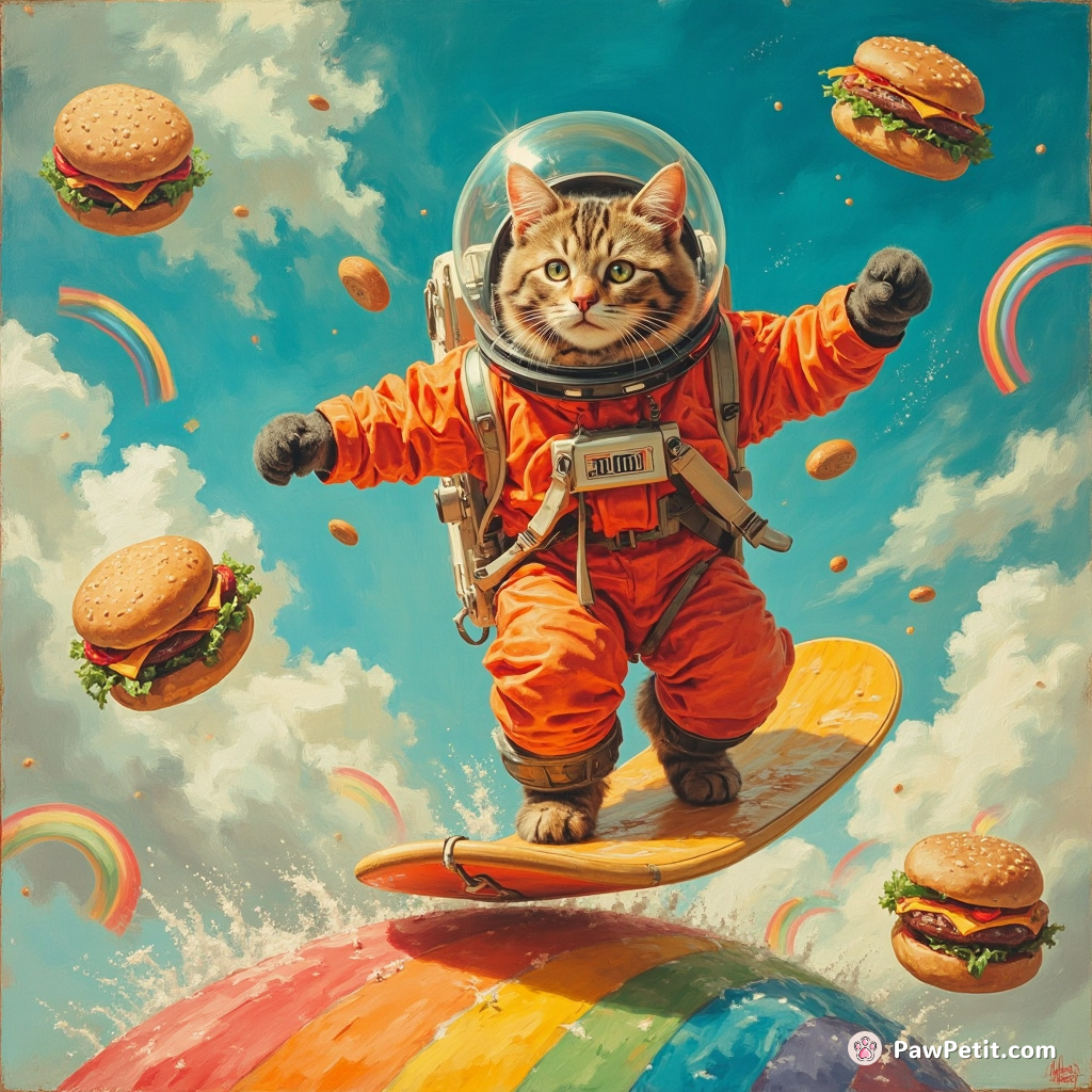 A cat effortlessly surfing on a rainbow, wearing a neon astronaut suit, avoiding alien cheeseburgers falling from the sky.