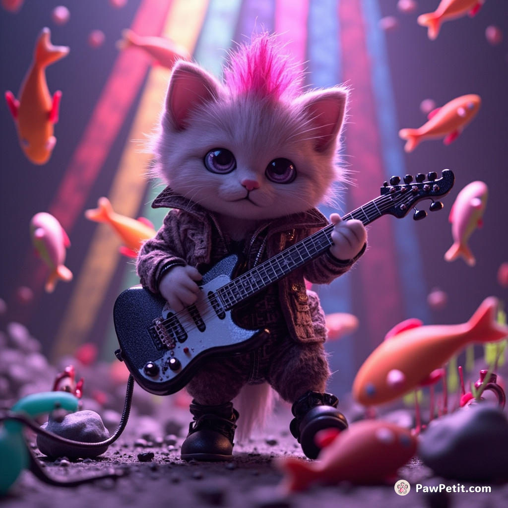 A punk-gothic cat with a pink mohawk, shredding a miniature guitar amid neon fish raining from an inverted rainbow.