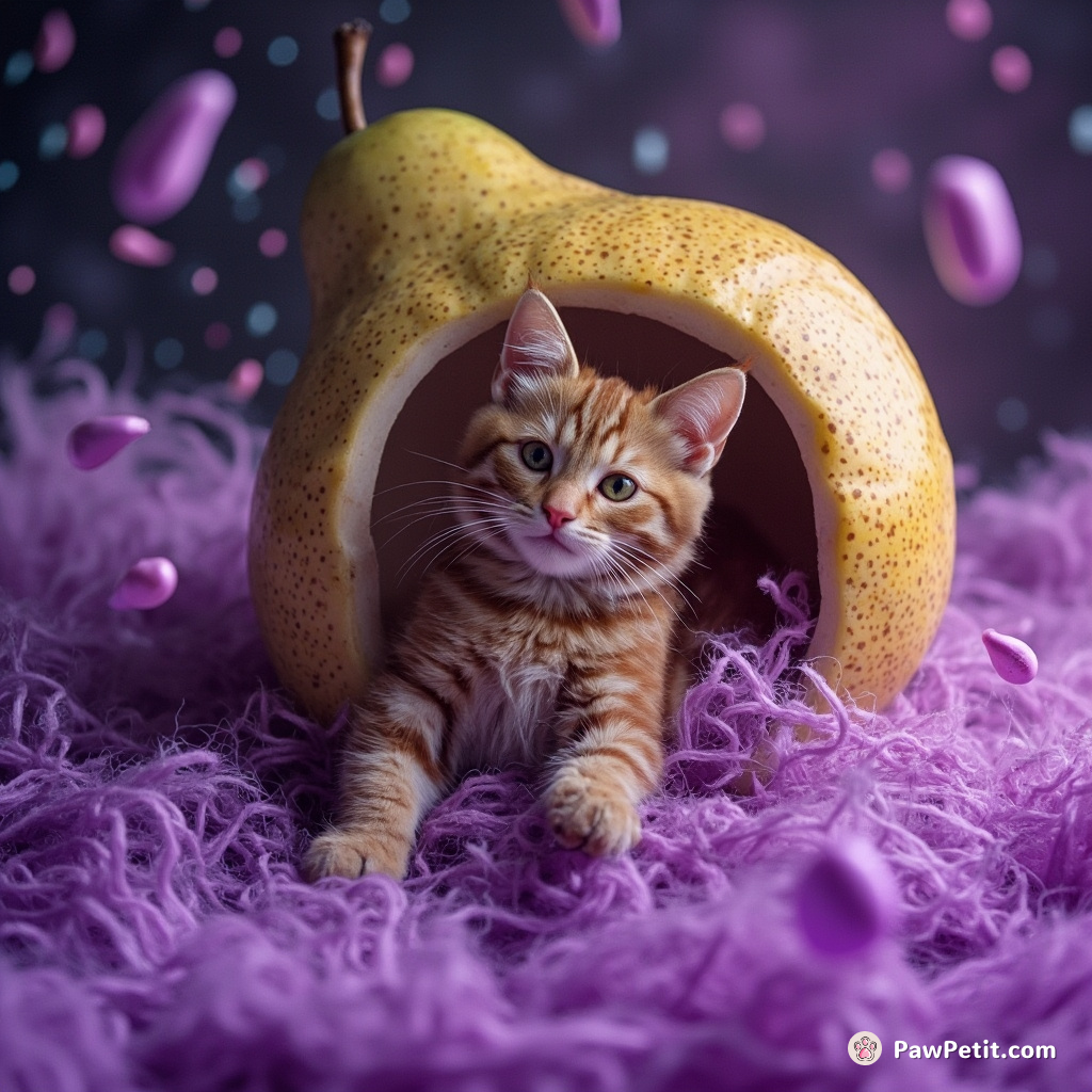 A ginger tabby cat weaving purple dreams into flying carpets with its velvety paws, under a neon sprinkle rain inside a giant pear.