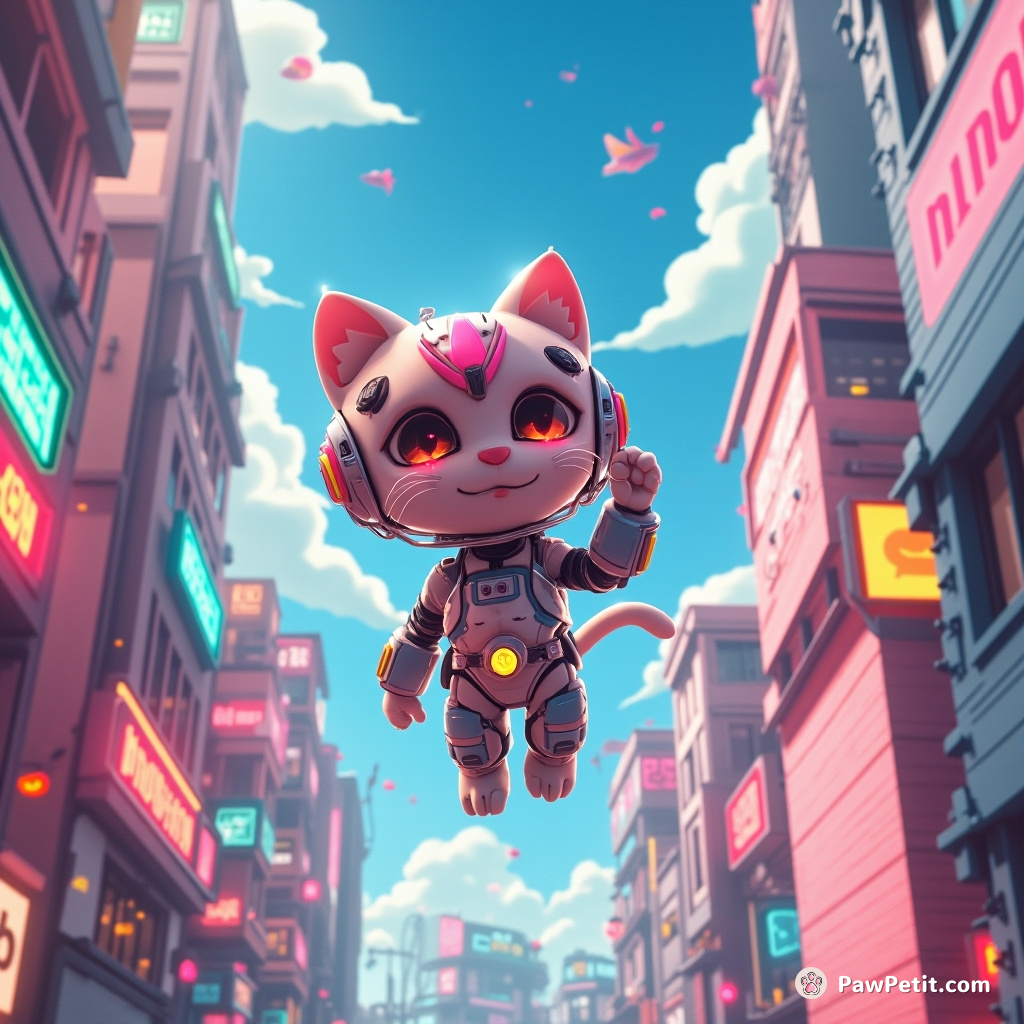 In photon-kissed Neo-Tokyo, a cyborg cat scales luminescent scrapers, downloading bird-songs within mid-leap neuro-hacks.