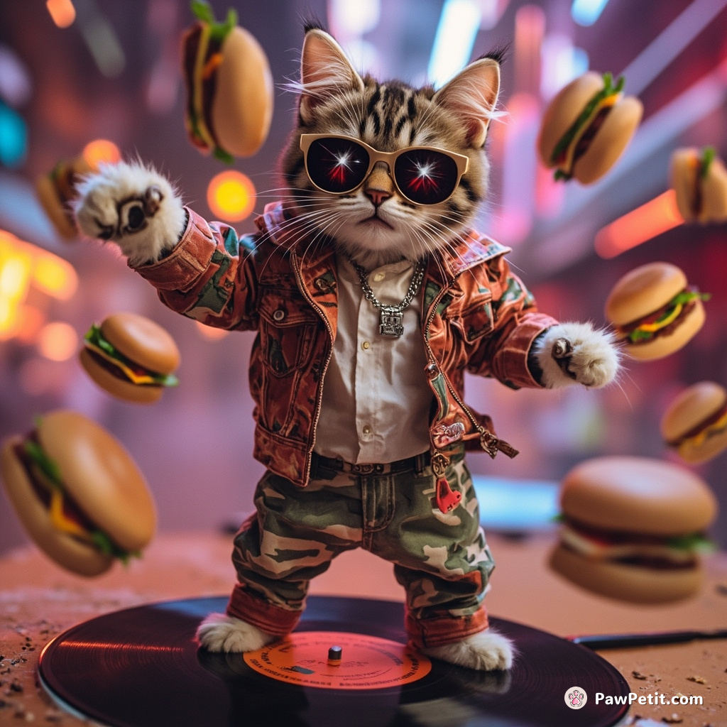 A cat breakdancing on a spinning vinyl record amidst floating burgers, with stars for eyes, sporting the latest hip-hop attire.