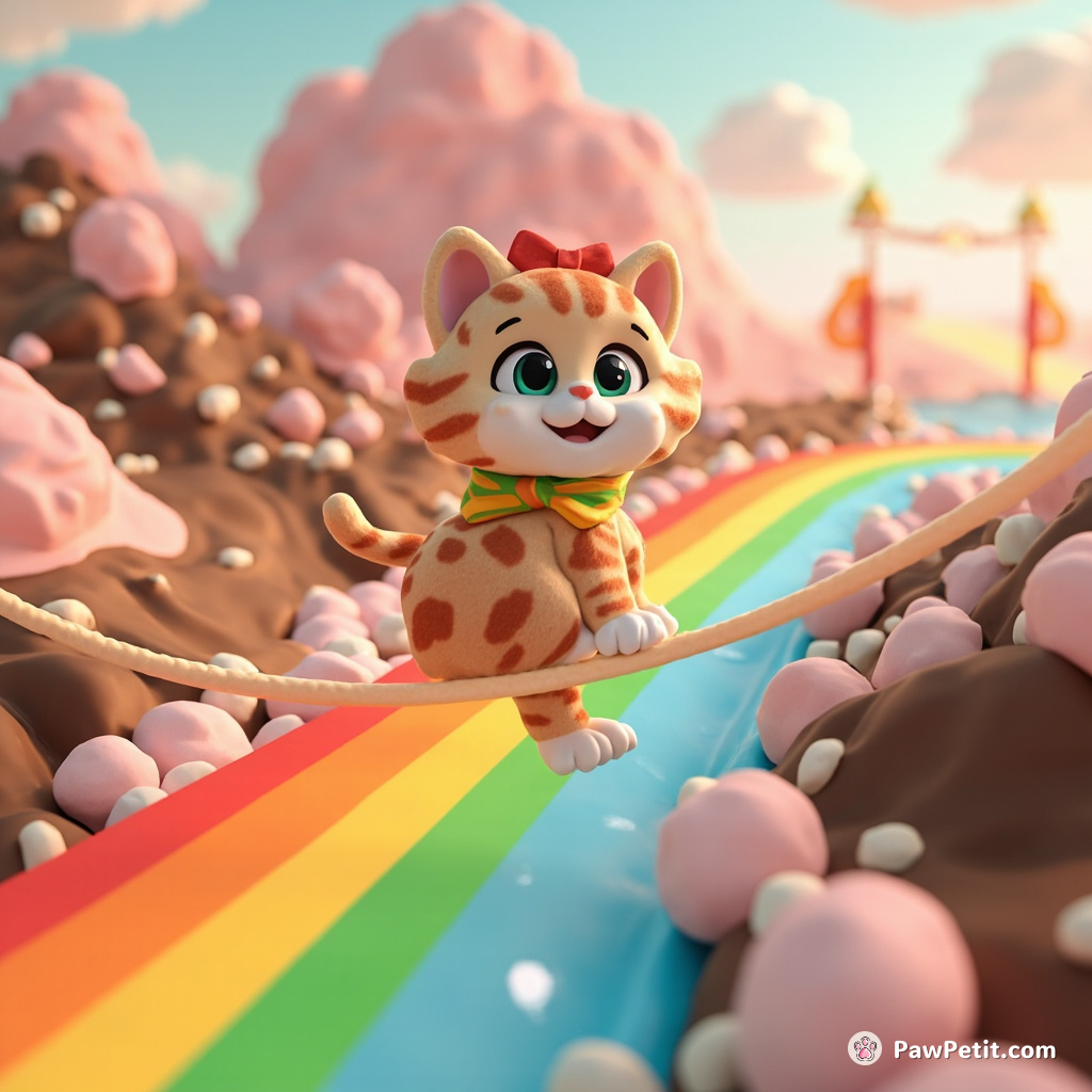 Cat traversing a rainbow tightrope over a chocolate river in a world made of marshmallows.