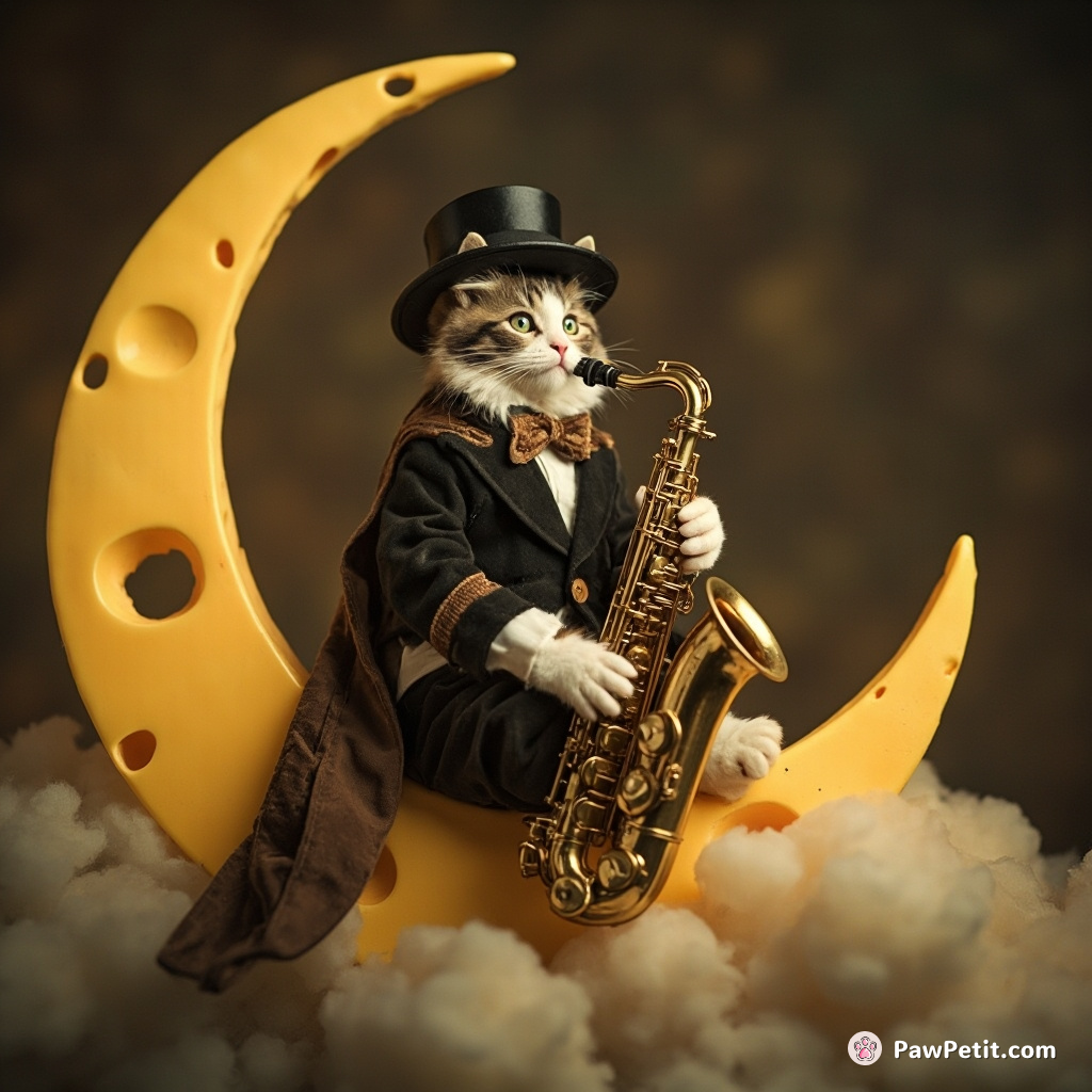 A cat in victorian attire playing a saxophone on a floating cheese moon.