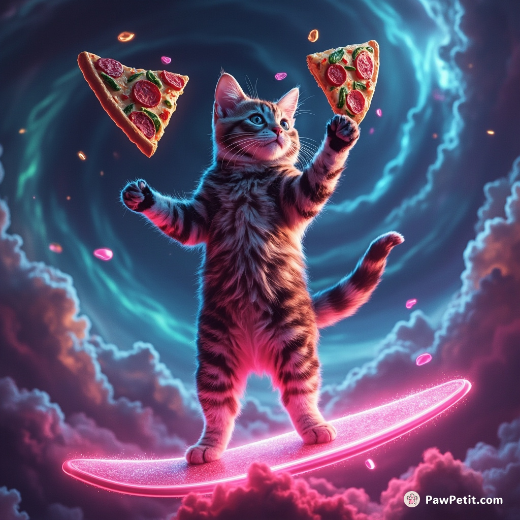 Cat juggling neon pizzas while standing on a glittering surfboard amidst a galaxy cyclone.