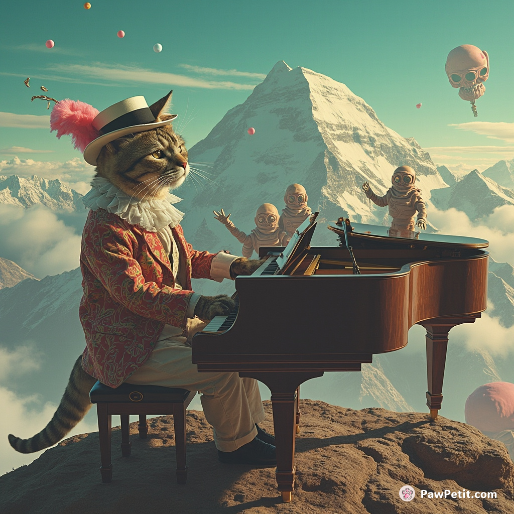 A dinosaur-sized cat wearing Victorian attire playing a grand piano on top of Mount Everest, surrounded by partying aliens.