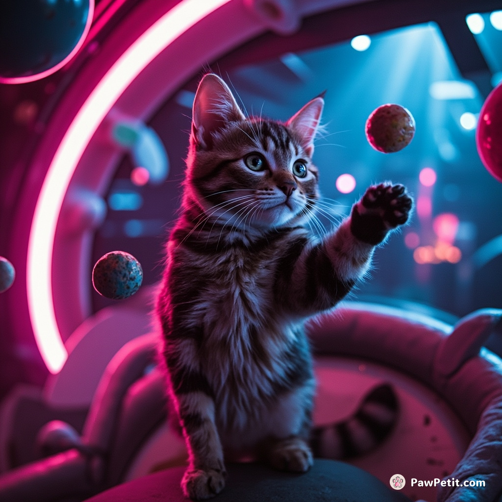 A neon graffiti cat juggling planets in a spaceship's discotheque.