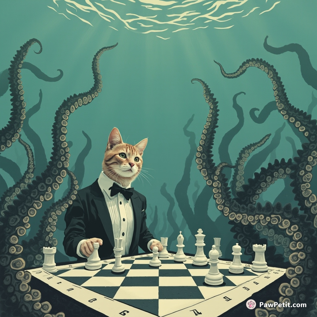 Cat wearing a tuxedo winning an underwater chess match against octopuses.