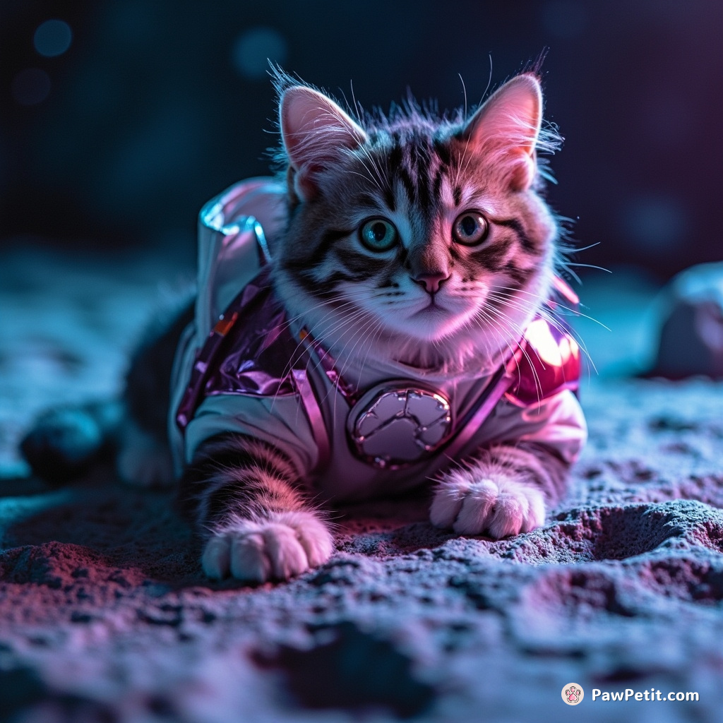 A cat dressed in celestial armor clicking cosmic paw prints into the surface of the moon.
