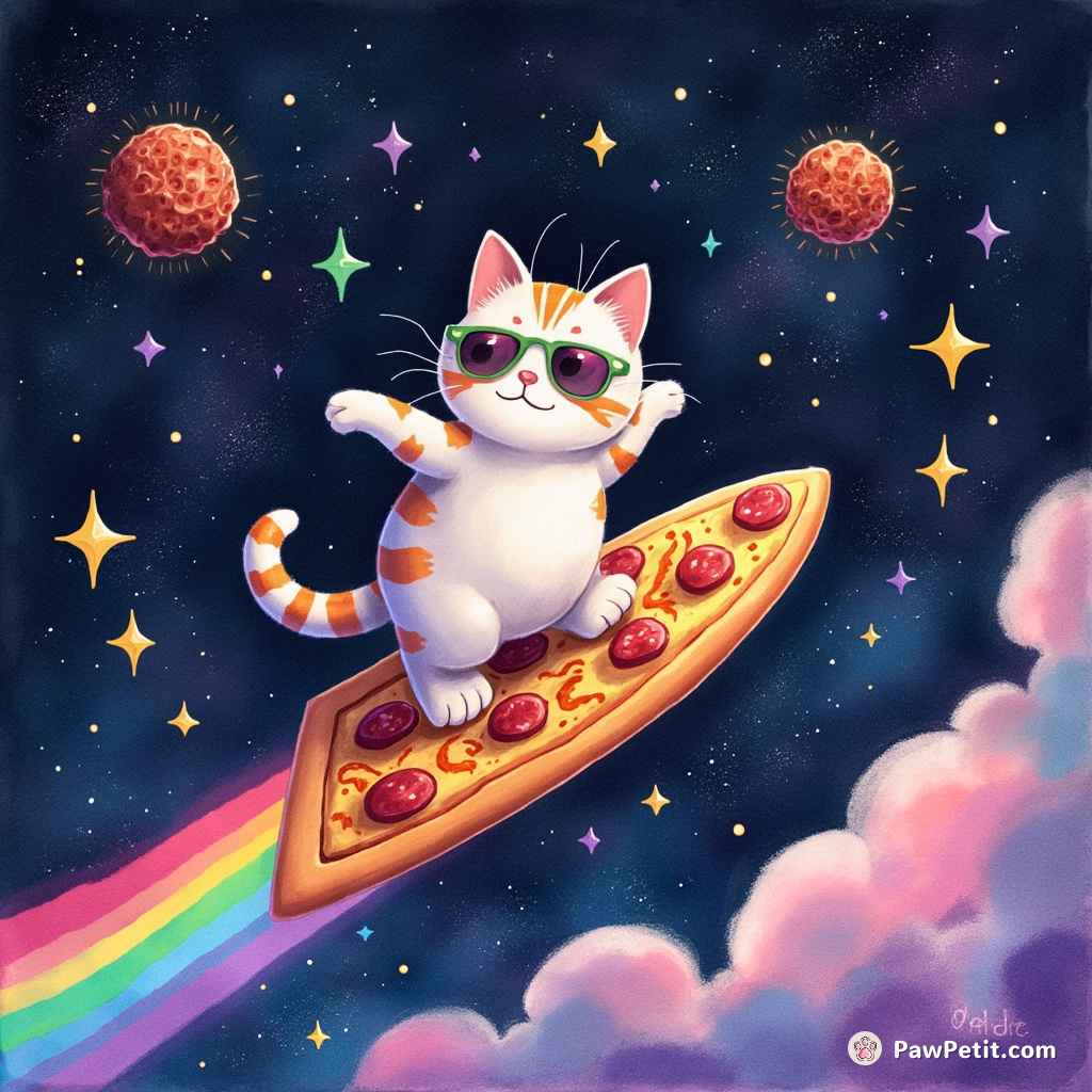 A neon rainbow cat surfing on a pizza slice among cosmos stars, dodging spicy meatball asteroids.