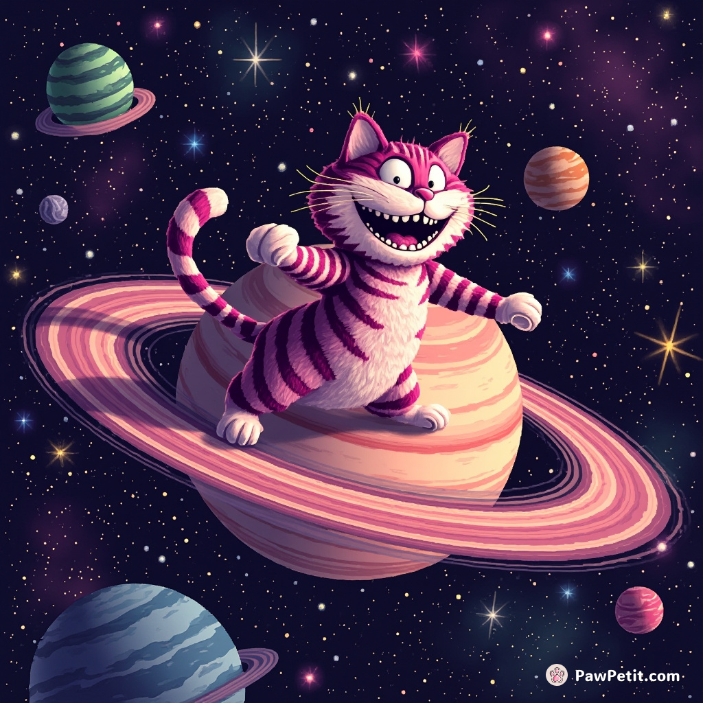 A grinning Cheshire cat dancing on Saturn's rings during a cosmic Gala event.