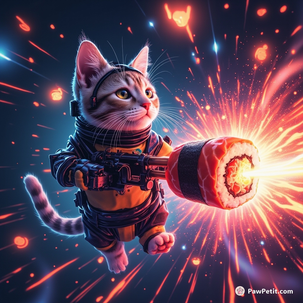 A cybernetic cat defusing a neon sushi roll explosive in zero gravity.