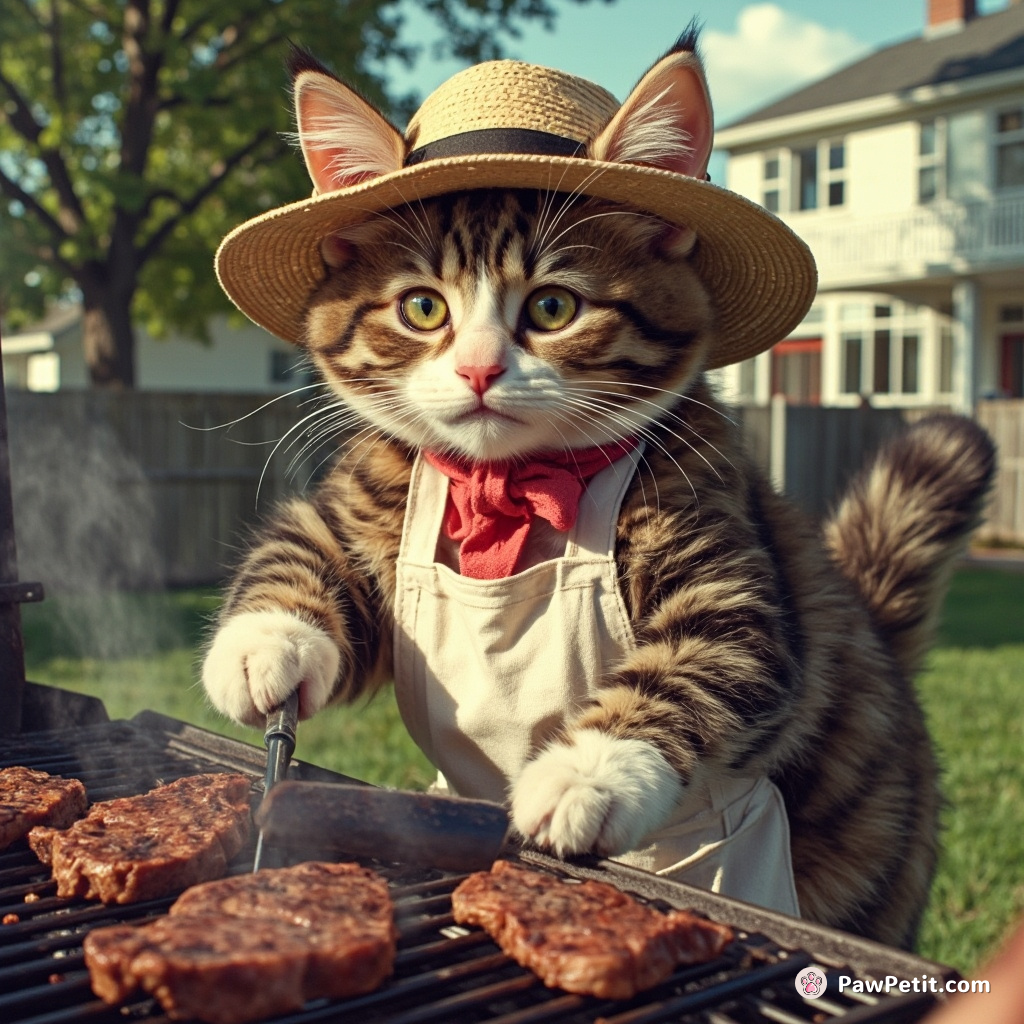 Flamboyant feline decorously flips steak on BBQ grill, sporting sunhat and apron, exact replication of neighbour's Sunday ritual.