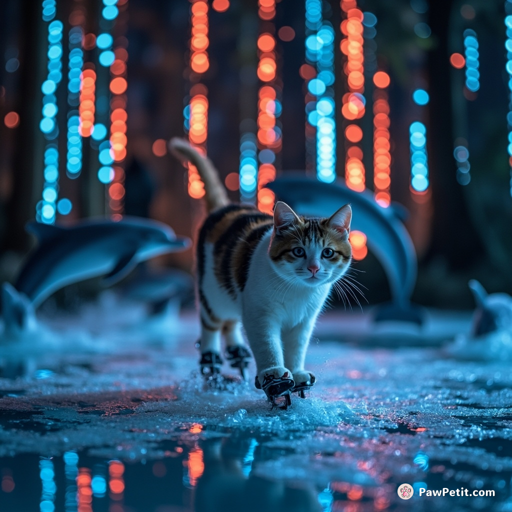 A calico cat trying to ice-skate on maple syrup while dolphins are cheering around them in the middle of a neon-lit forest at midnight.