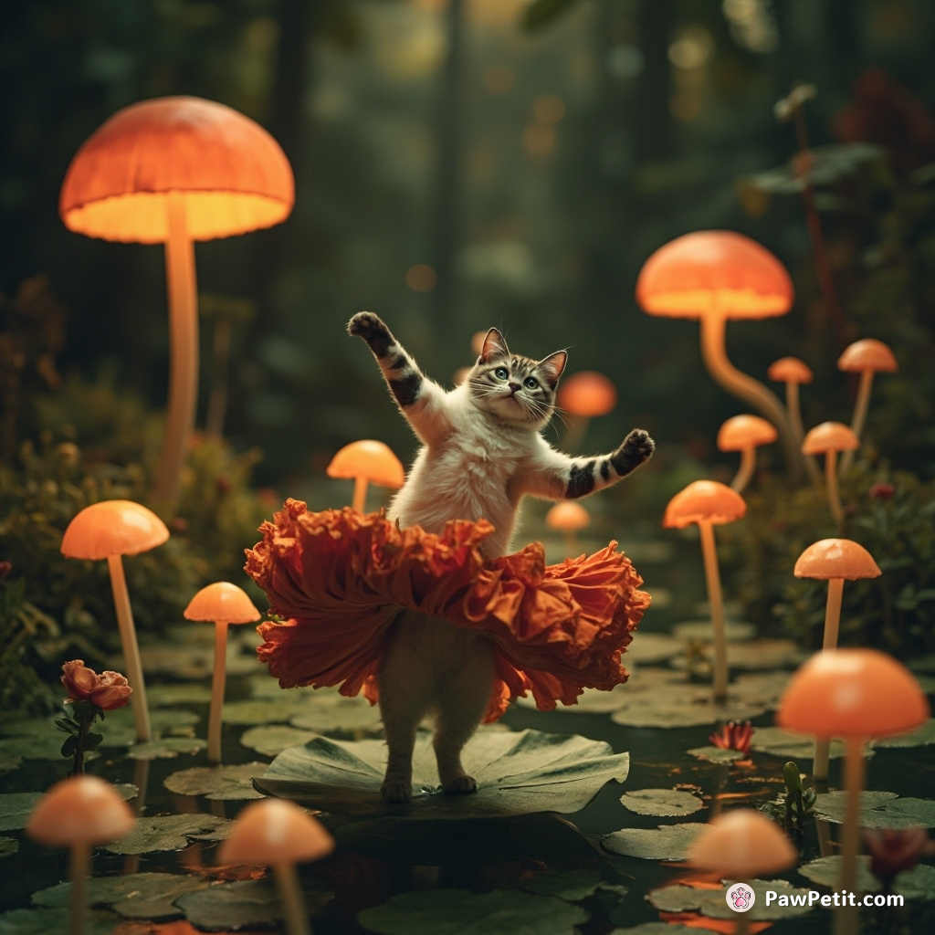 A Siamese cat performing a fiery flamenco dance on a floating lily pad in the middle of an extraterrestrial, glowing mushroom forest.