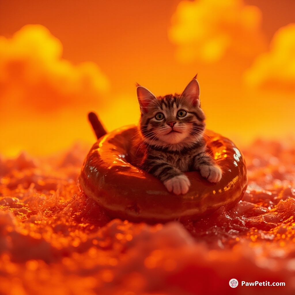 A grinning cat casually riding a drifting doughnut in the neon-lit waves of an orange soda ocean.