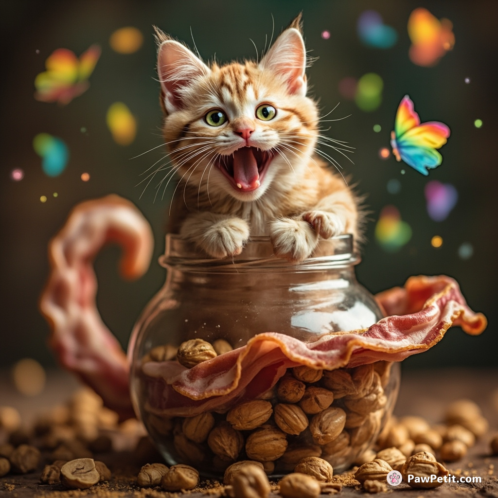 Cheshire cat surfing on a bacon wave inside a magic groundnut jar with gliding rainbow butterflies.