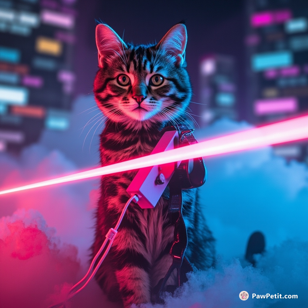 Cat made entirely of laser beams playing a theremin in neon cloud city.