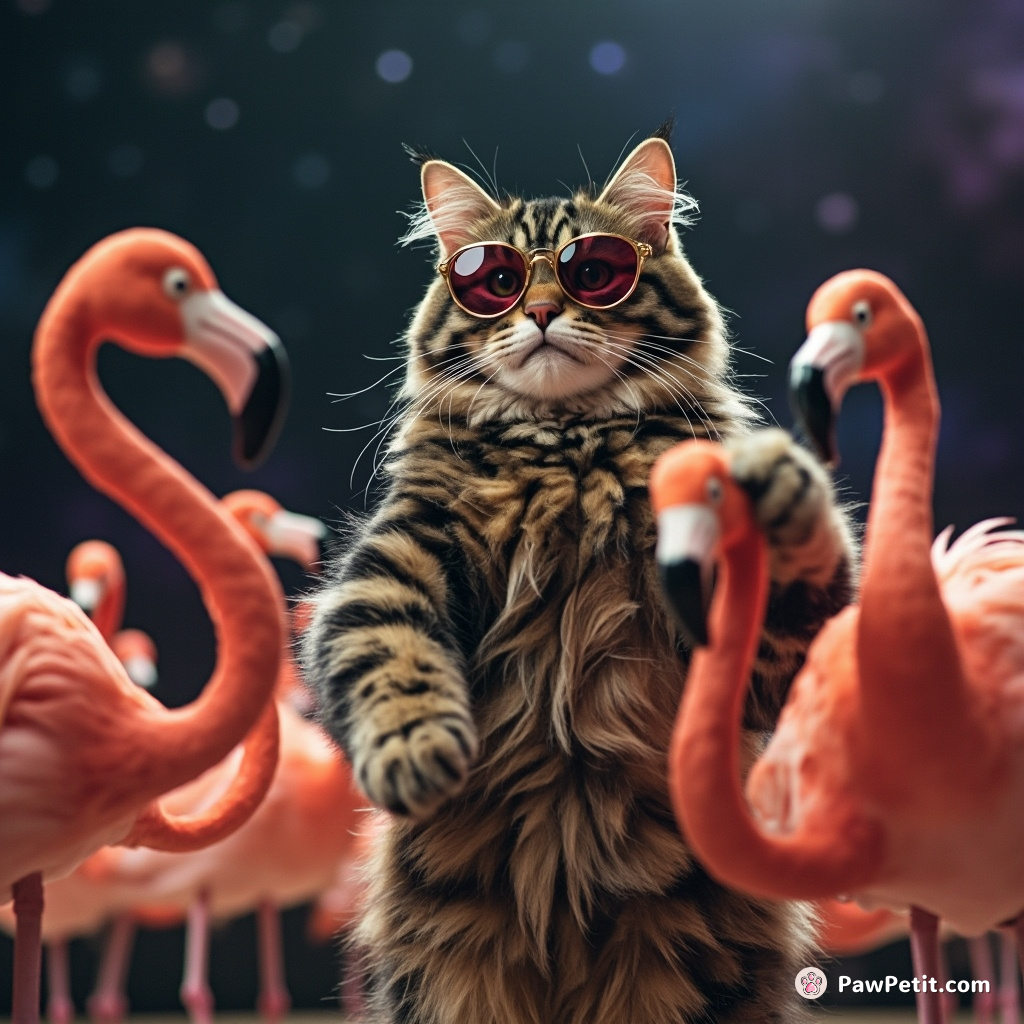 Gargantuan cat teaching a salsa class to enthusiastic flamingos while wearing groovy gilded shades in outer space.