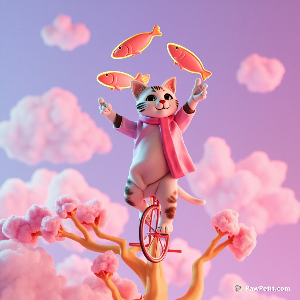 A tabby cat juggling neon fish on a unicycle, balanced precariously atop the highest branch of a cotton candy tree.