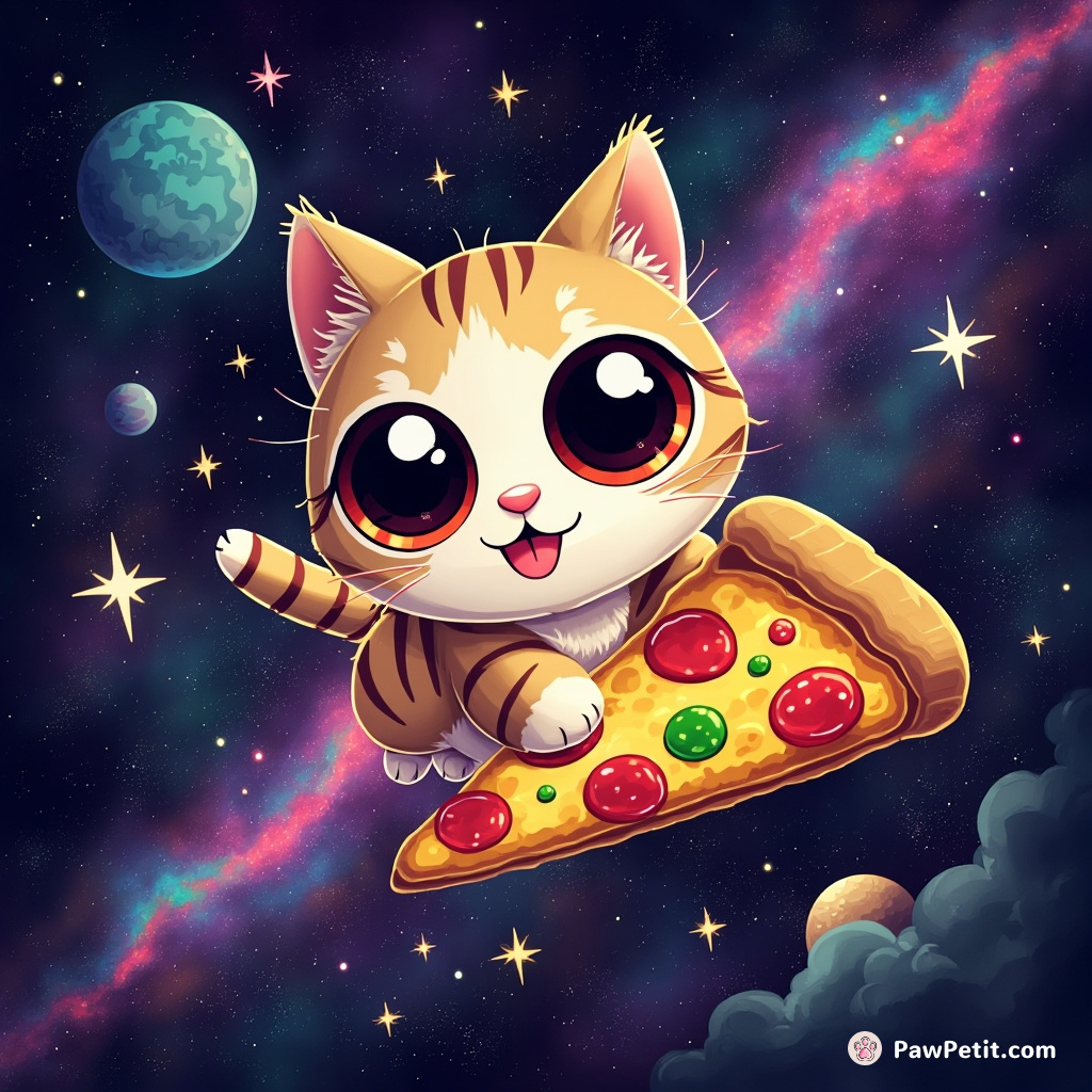 A three-eyed cat soaring through the galaxy on a slice of rainbow pizza