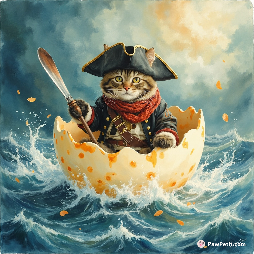 Theatrical pirate cat navigating a soup ocean in an eggshell boat amidst swirling mists of cheese.