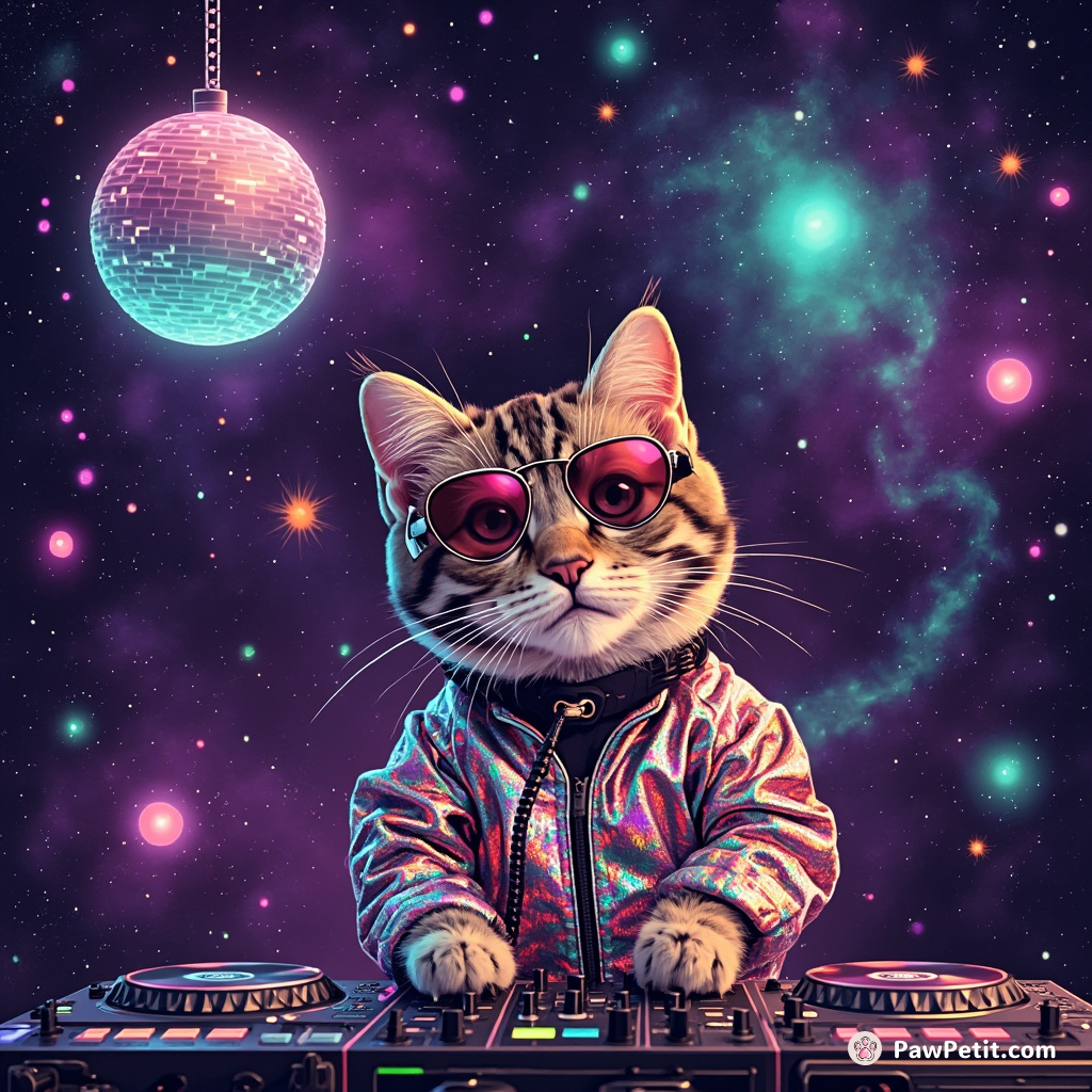 Cat in a disco-suit DJing alien music under a celestial nebula disco ball.