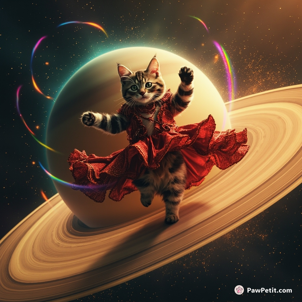 Cat dancing flamenco on a slice of Saturn's rings, embellished with swirling stardust and cosmic rainbows.