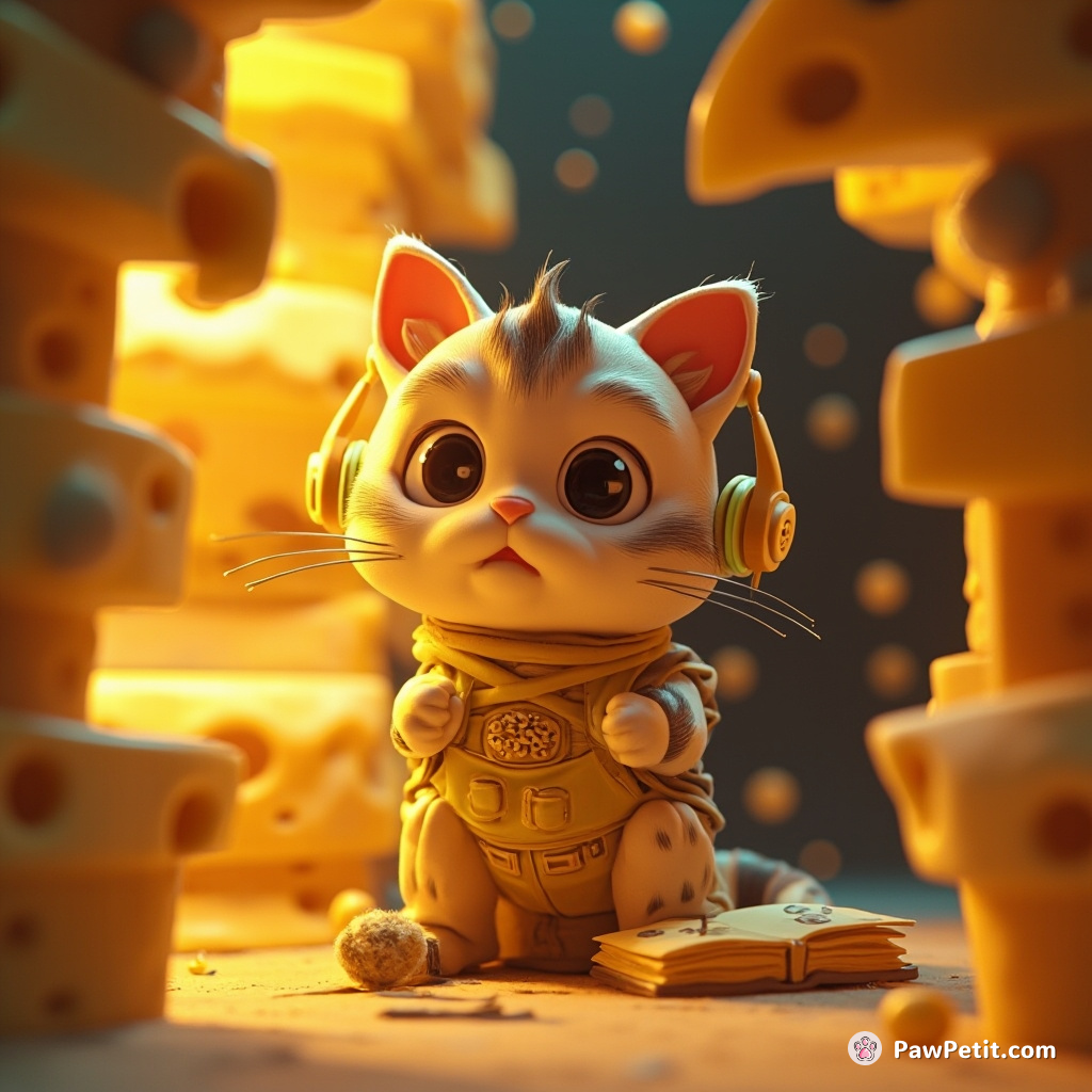 A cat attempting to decipher the secrets of the cosmos inside an intergalactic library made of cheese.