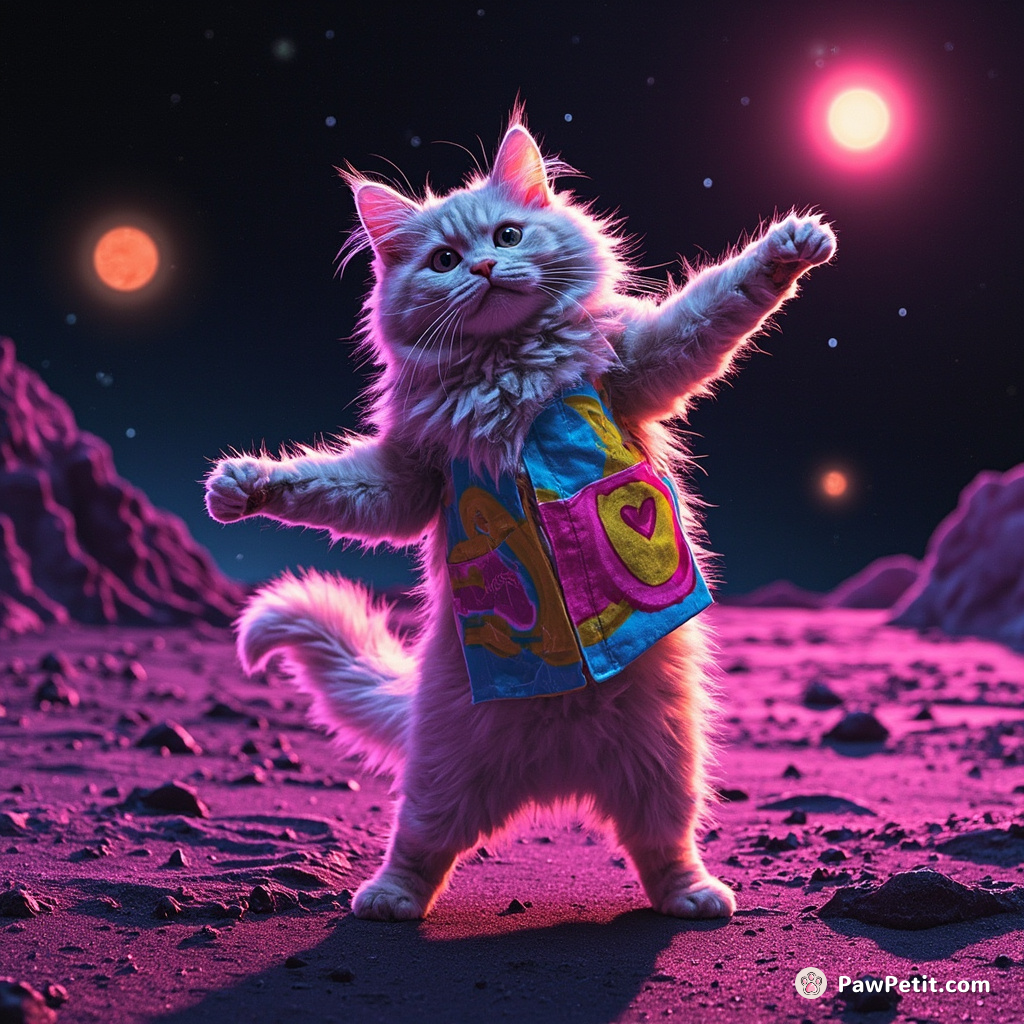 A neon graffiti cat breakdancing on an undiscovered exoplanet lit by three suns.