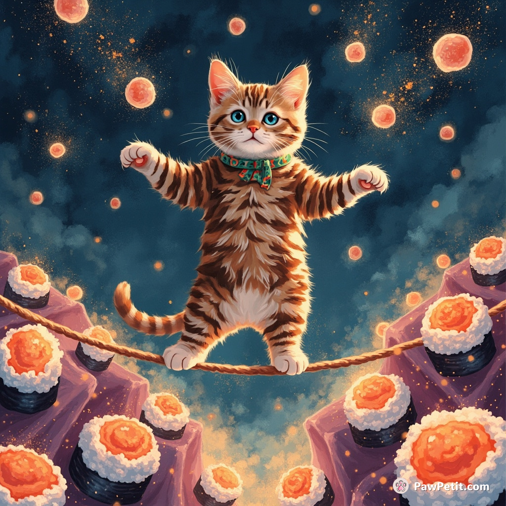A cat tightrope walking over a canyon of glowing neon sushi rolls, performing a thrilling juggling act with balls of throbbing stardust.