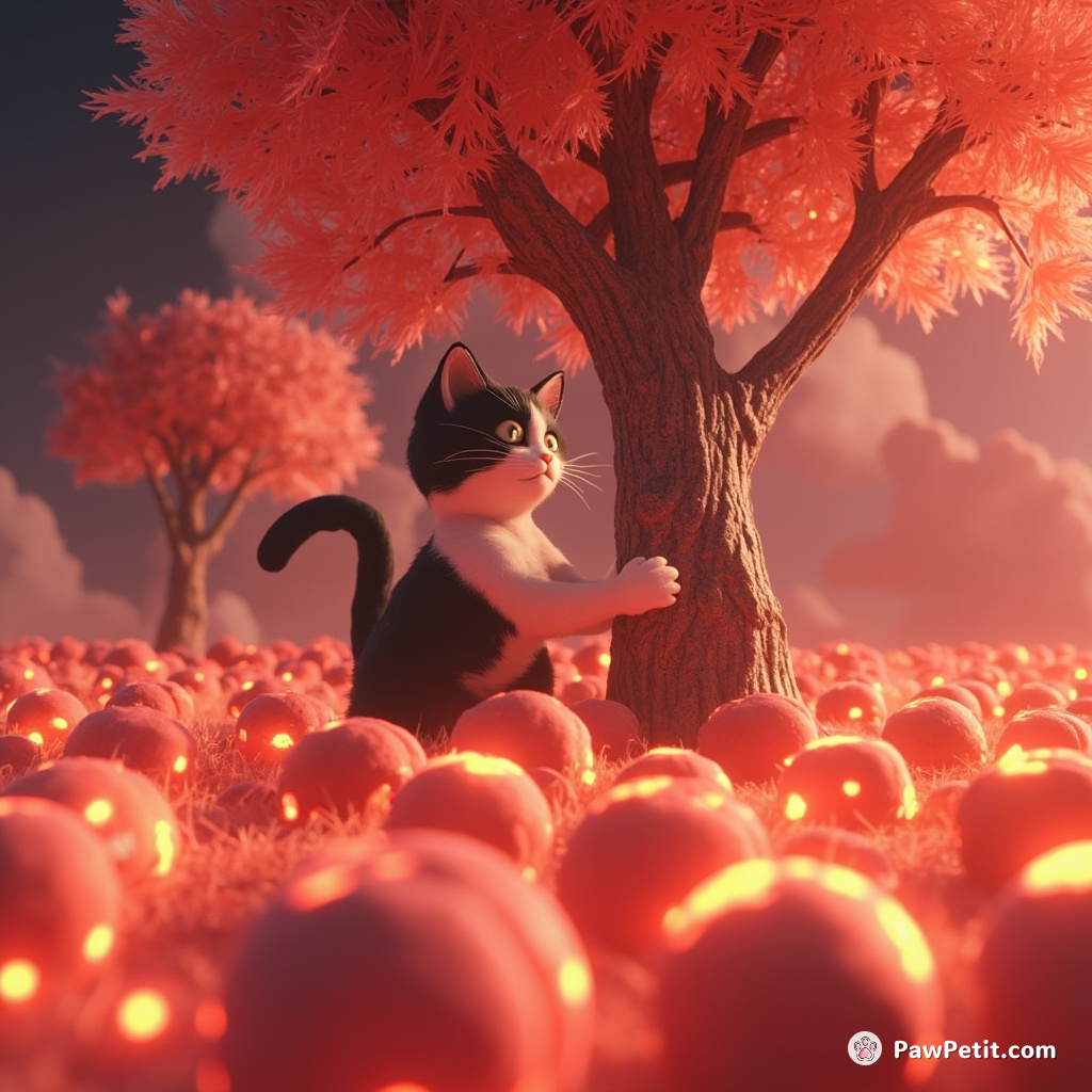 A black and white cat harvesting glowing space peaches from a crystalline tree under watermelon skies.