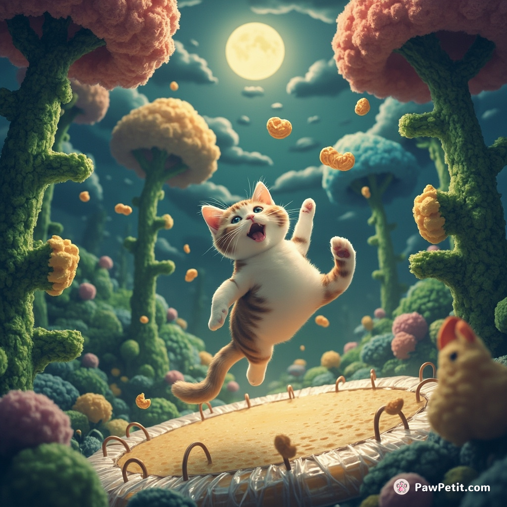 Cat joyfully jumping on a bubble-wrap trampoline in a hidden forest of chicken-leg trees, under the cheese wafer moon.