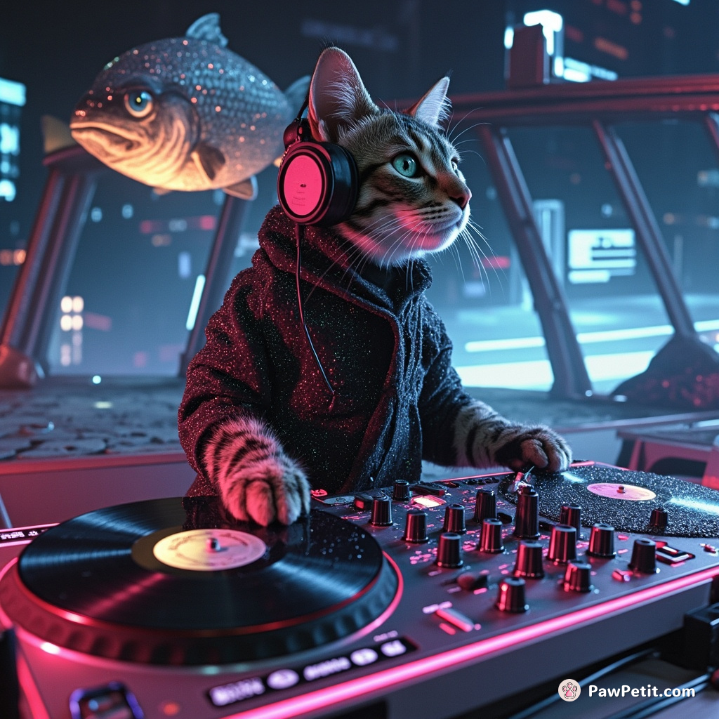 Cyberpunk cat DJ spinning vinyl records made of stardust aboard a floating fish-shaped spaceship.