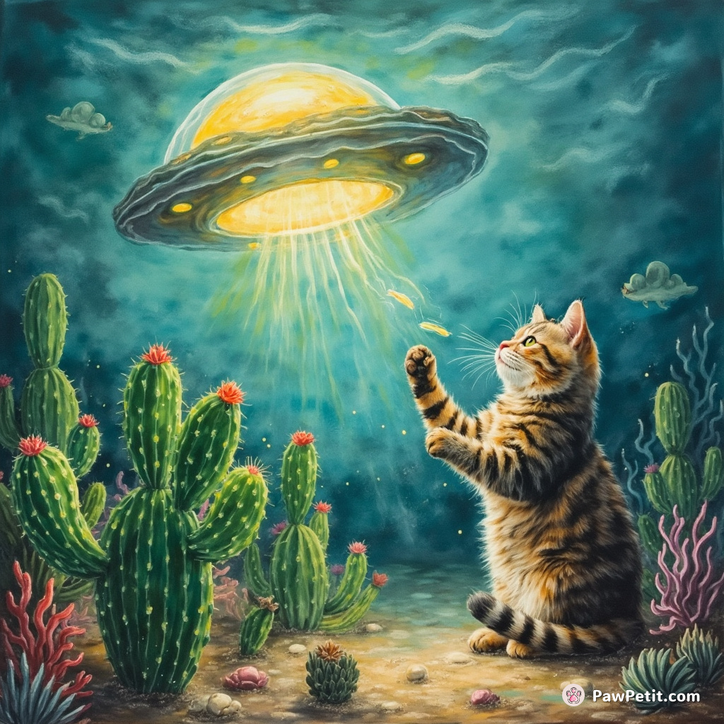 Cat conducting orchestra of singing cactuses underwater next to eerily glowing sunken UFO.