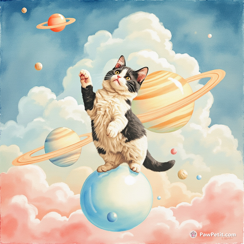 A primary colored cat balancing on a floating bubble gum bubble while juggling miniature versions of Saturn's rings against a peppermint candy sky.