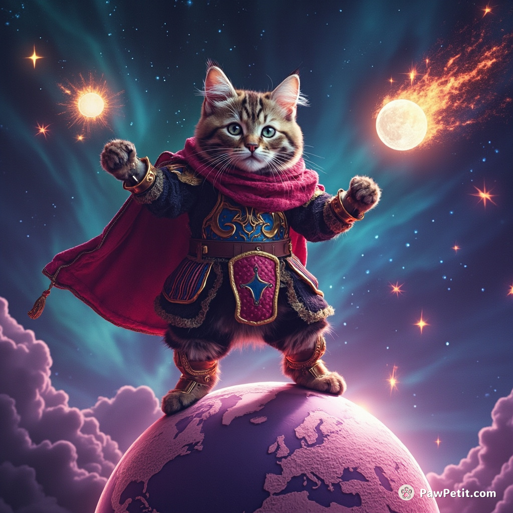 A regal cat knight standing on a spinning globe, jesting moon by juggling fireballs, while meteor-shower auroras swirl in the background.