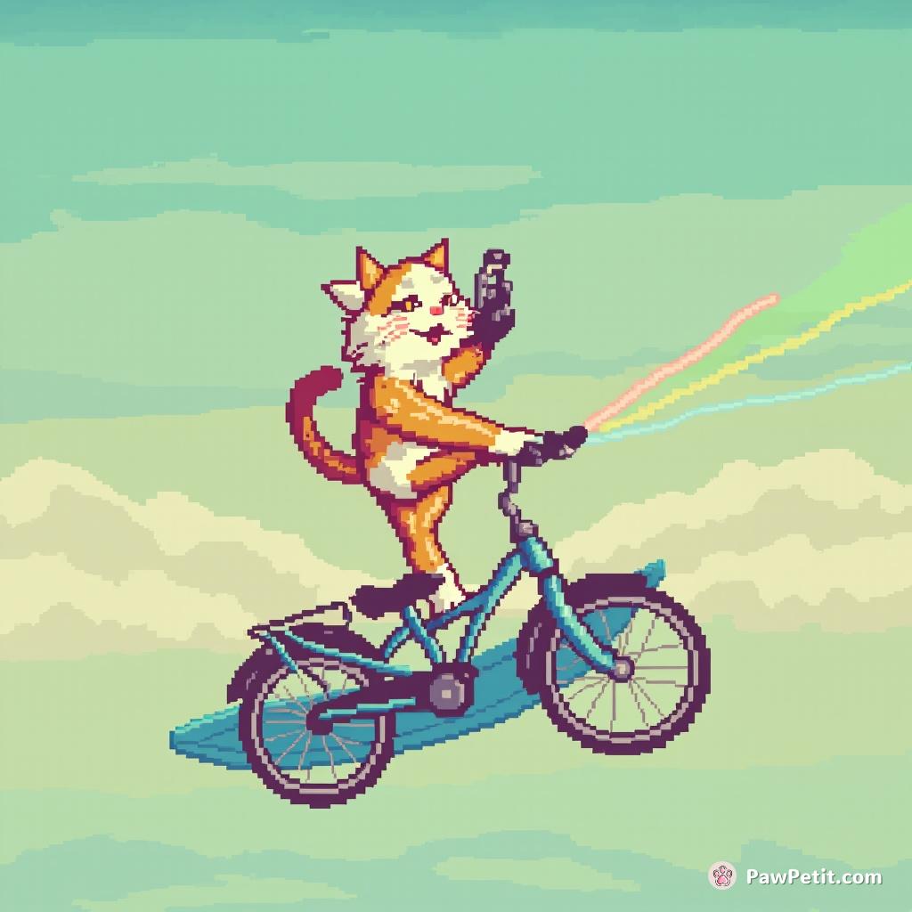 A cat pirouettes atop a floating bicycle, tail twitching, as it steers with a laser pointer.