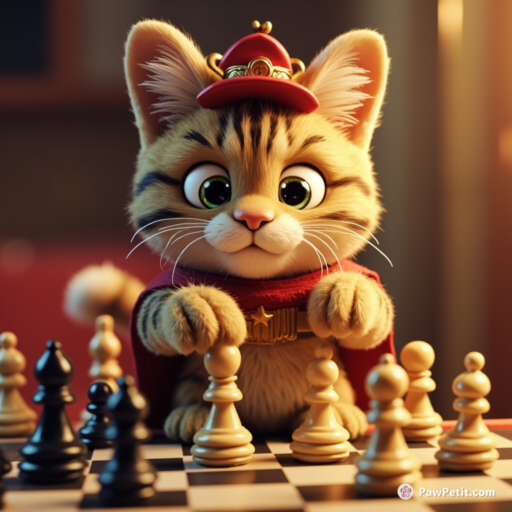 Accidentally competing in human chess world championship, constantly pawing pieces into winning moves. Hero tabby is crowned grandmaster!