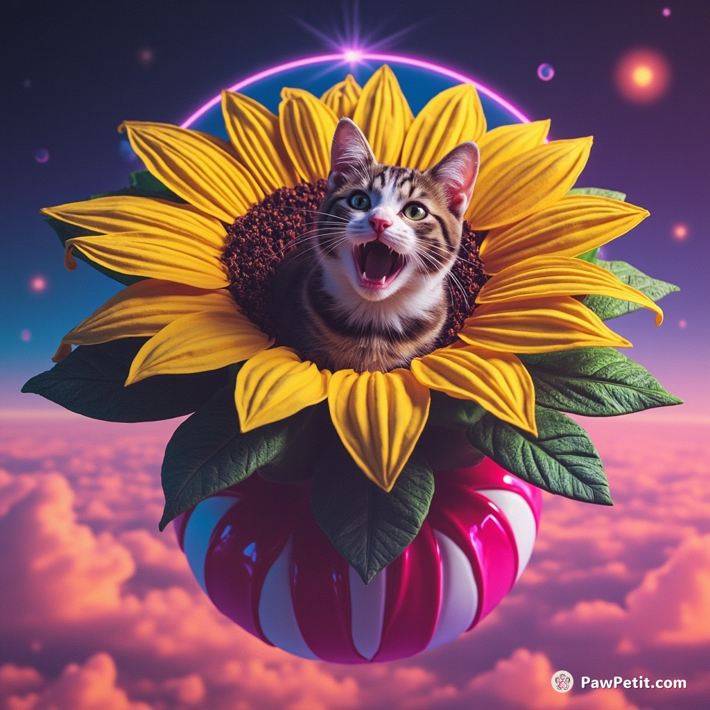 Cat operatically singing atop a colossal sunflower sprouting from a floating peppermint planet.