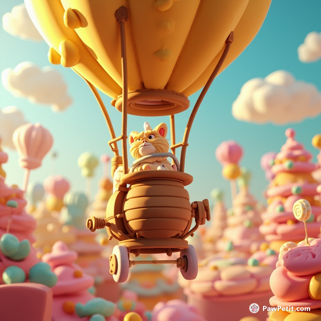 A cat flying a steampunk hot air balloon made of cheese over a sprawling candy forest.