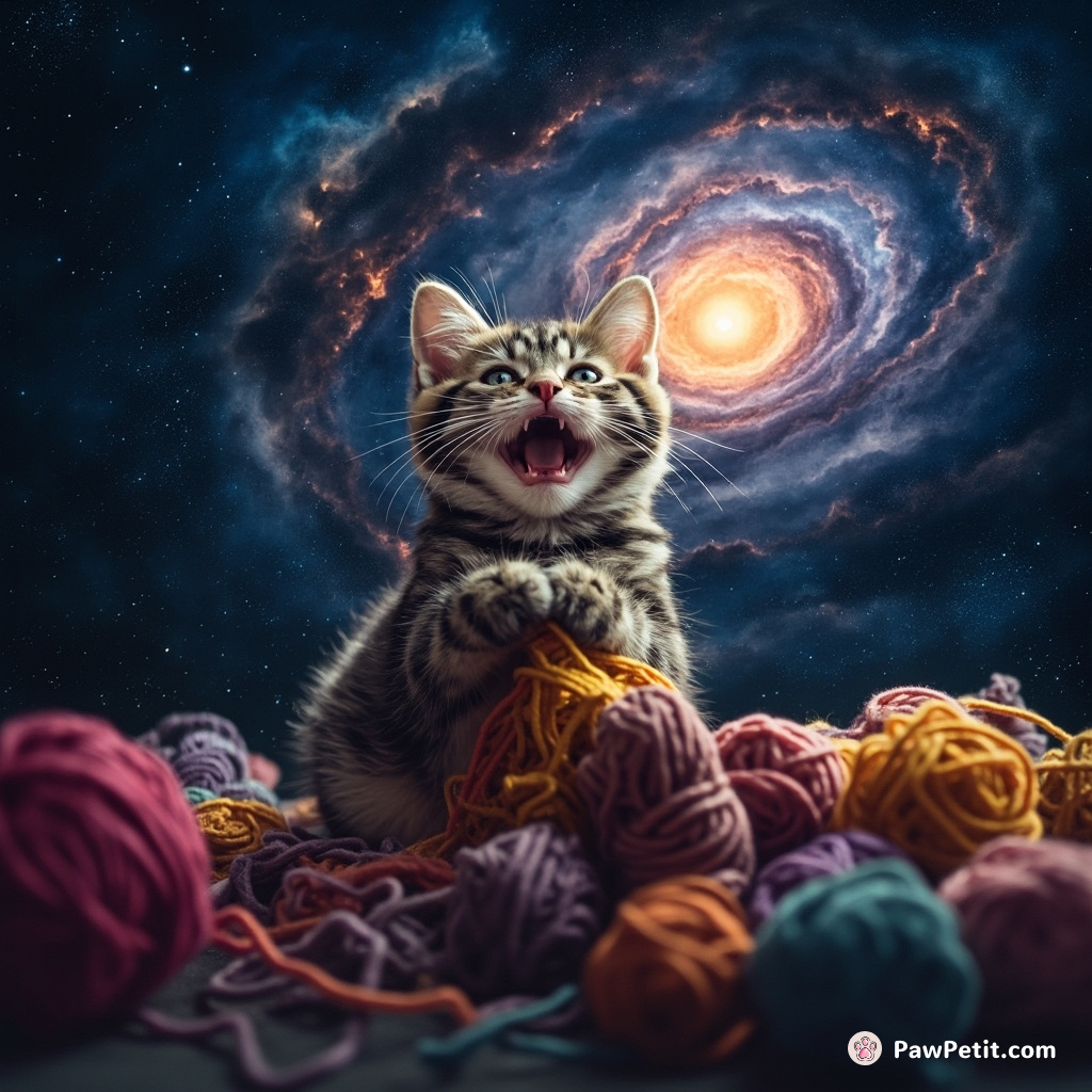 Cat gleefully knitting galaxy-colored yarn in the eye of a cosmic storm.