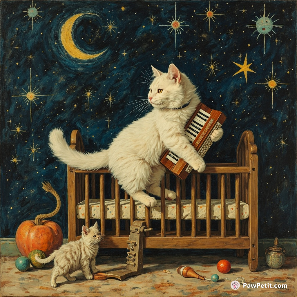 Luna, the cosmic cat, leapt fluidly working lever-accordion on time-traveling crib, beckoning dystopian whiskers into Van Gogh's masterpiece world.