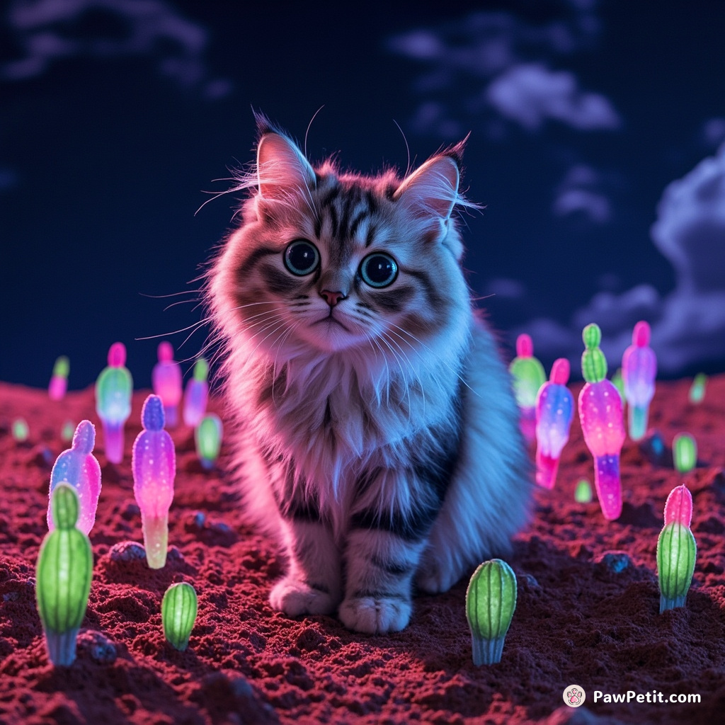 A three-eyed alien cat planting multicolored cacti on Mars under a jellyfish cloud night sky.