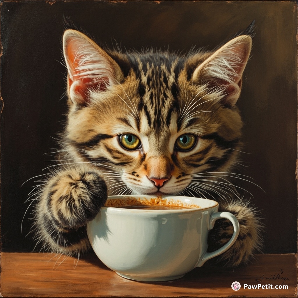 Whiskers, the aspirational feline, emulating everyday human routines: attempting to sip morning coffee with assiduous paw precision.