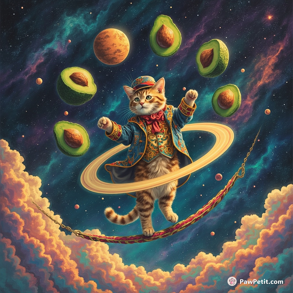 Saturn ring-tightrope-walking circus cat juggling eight avocado-shaped moons under psychedelic cosmic opal sky.