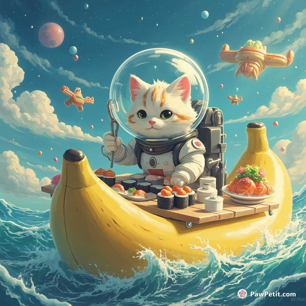 Space cat making intergalactic sushi on an oversized banana boat mid ocean