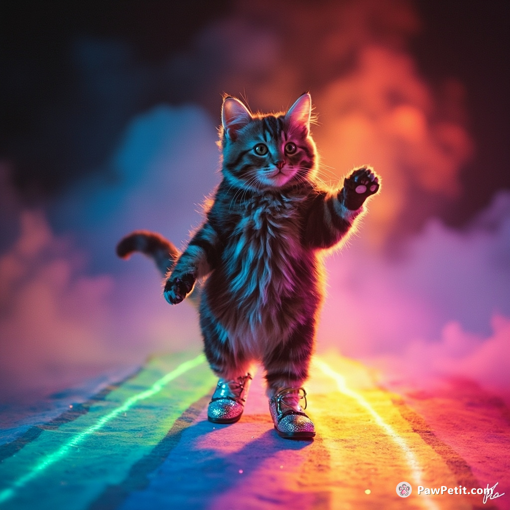 Cat performing a moonwalk on a rainbow, wearing sparkling disco shoes.